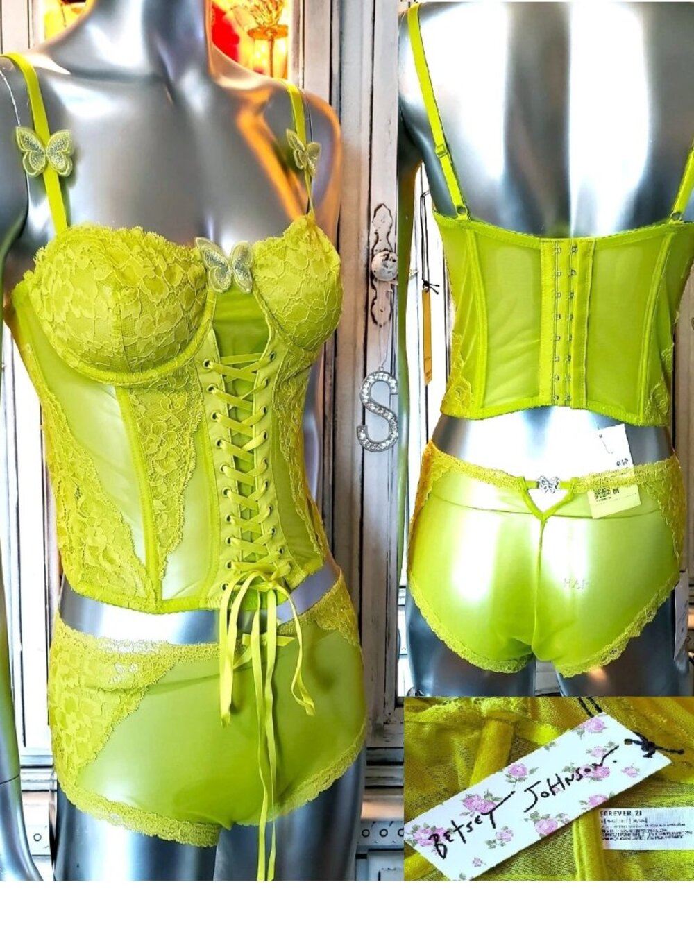 Betsey Johnson Corset Dress Top Panties Lingerie Set Green Lace Mesh Butterfly S - Picture 3 of 16